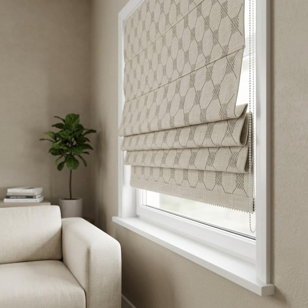 Natural Taupe Linen Roman Shade, Light Grey Embroidered Trellis Custom Corded Blind, Blackout or Cotton Lined — image 6