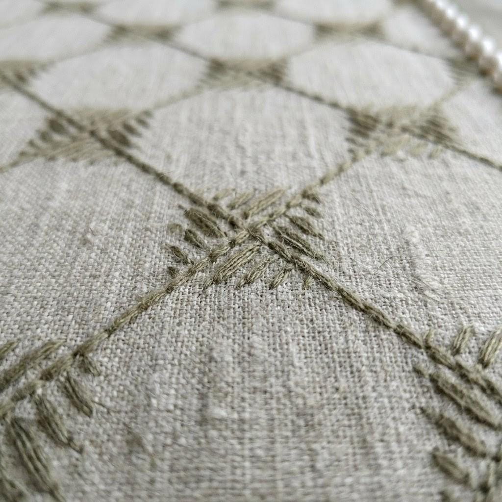 Natural Taupe Linen Roman Shade, Light Grey Embroidered Trellis Custom Corded Blind, Blackout or Cotton Lined — image 8