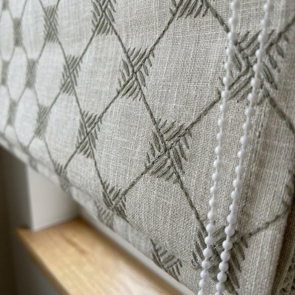 Natural Taupe Linen Roman Shade, Light Grey Embroidered Trellis Custom Corded Blind, Blackout or Cotton Lined — image 5