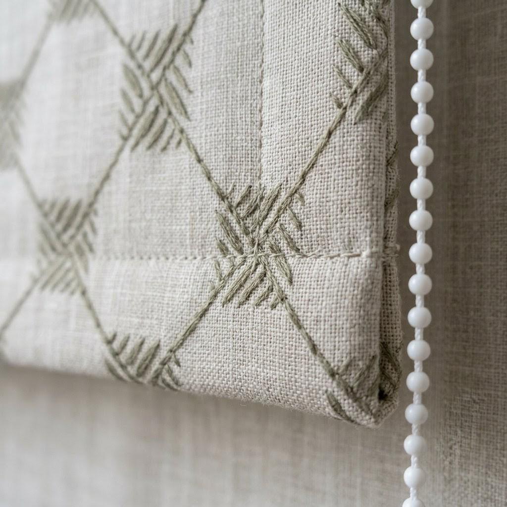 Natural Taupe Linen Roman Shade, Light Grey Embroidered Trellis Custom Corded Blind, Blackout or Cotton Lined — image 10