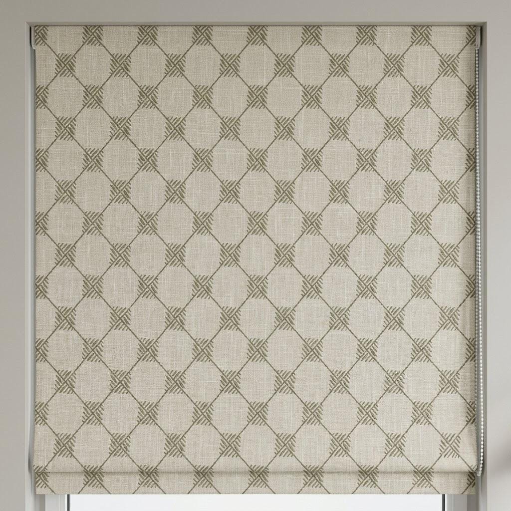 Natural Taupe Linen Roman Shade, Light Grey Embroidered Trellis Custom Corded Blind, Blackout or Cotton Lined — image 3