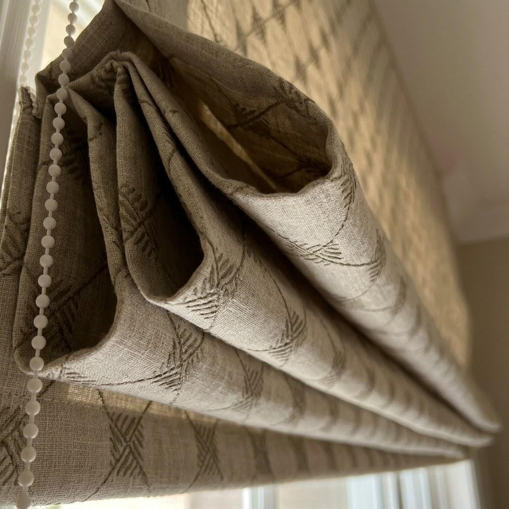 Natural Taupe Linen Roman Shade, Light Grey Embroidered Trellis Custom Corded Blind, Blackout or Cotton Lined — image 9
