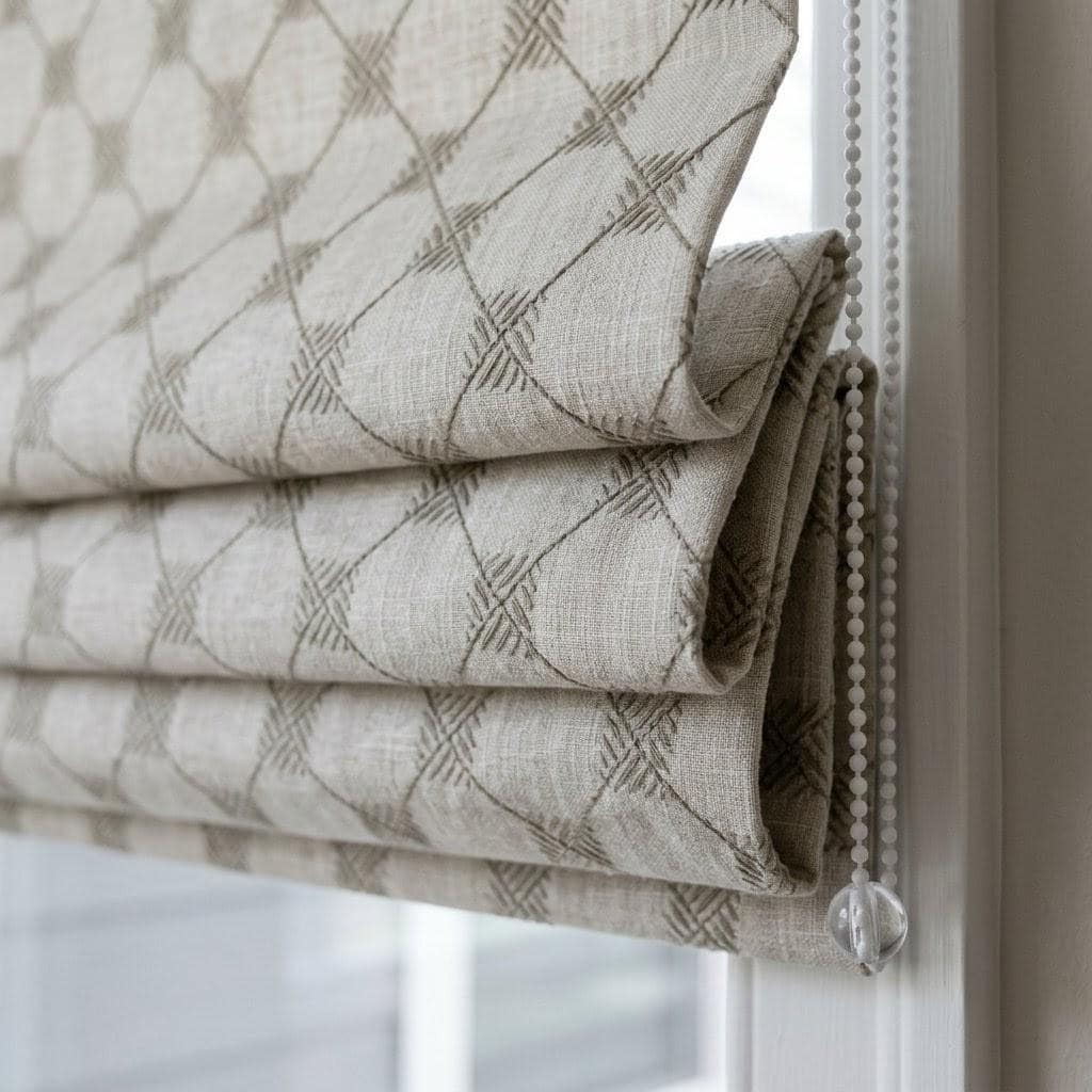Natural Taupe Linen Roman Shade, Light Grey Embroidered Trellis Custom Corded Blind, Blackout or Cotton Lined — image 1