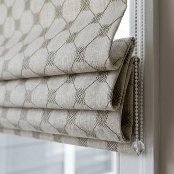 Natural Taupe Linen Roman Shade, Light Grey Embroidered Trellis Custom Corded Blind, Blackout or Cotton Lined — image 1