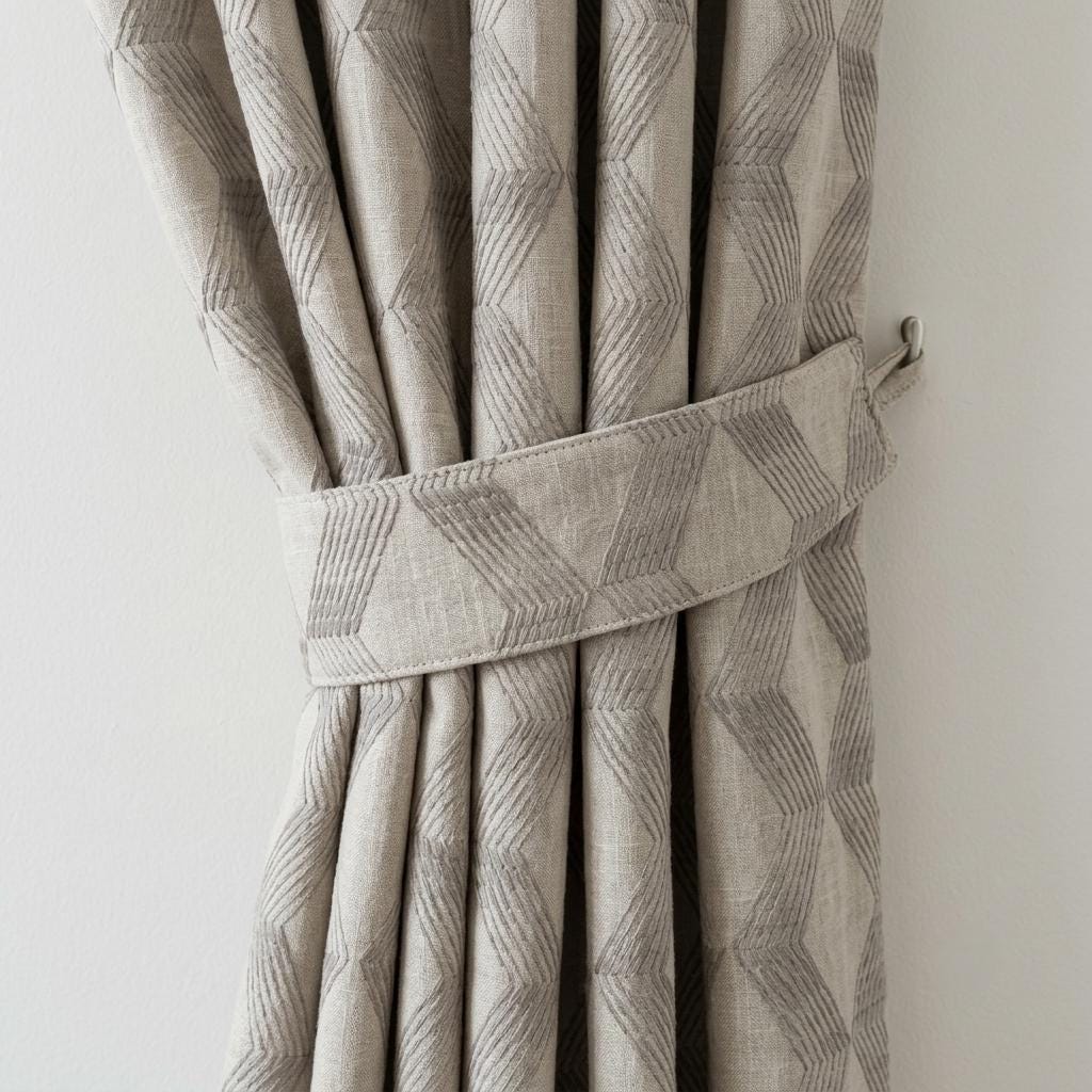 Light Taupe Linen Embroidered Curtains, Grey Geometric Cube Drapes, Heavy Linen Panels, Cotton Lined or Blackout — image 2