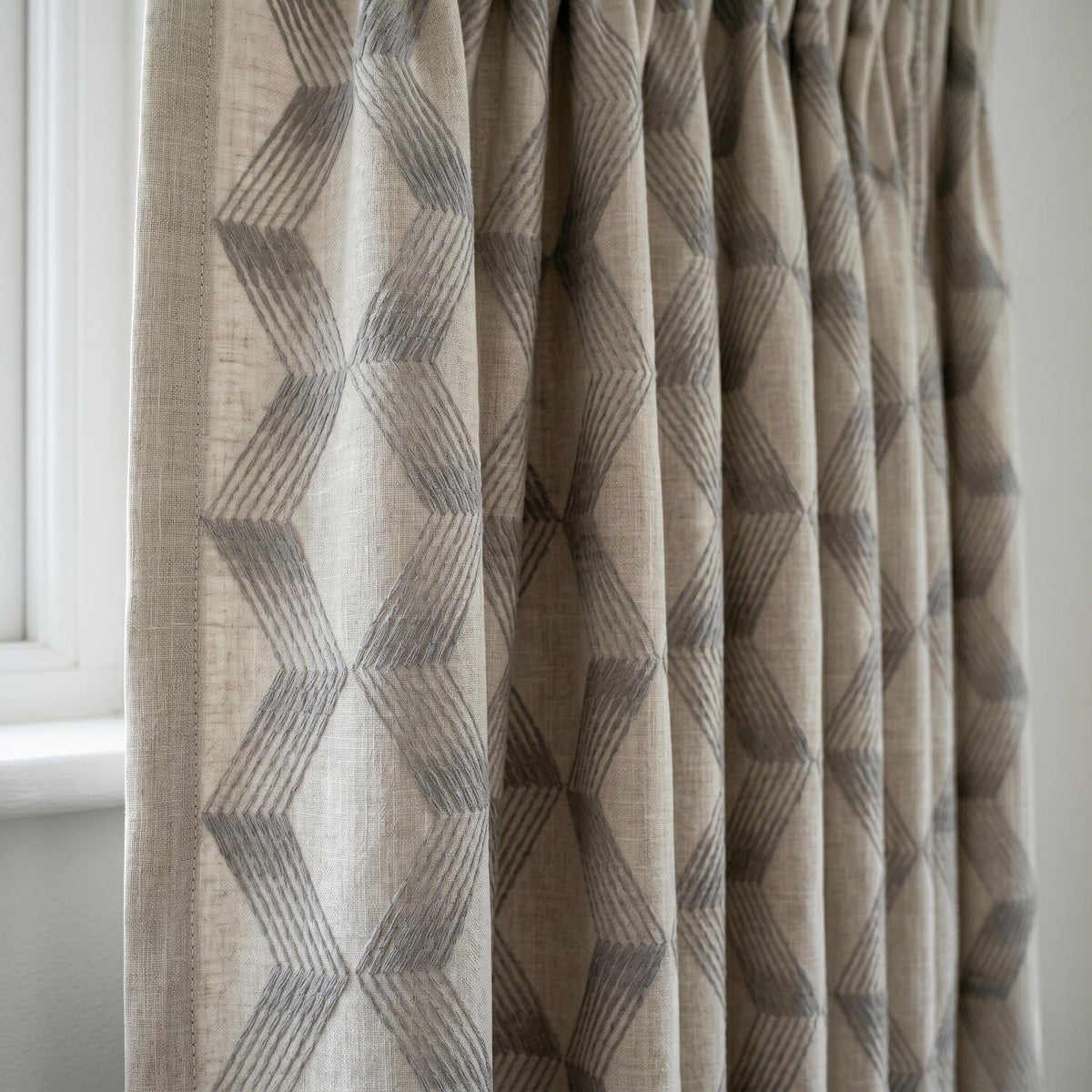 Light Taupe Linen Embroidered Curtains, Grey Geometric Cube Drapes, Heavy Linen Panels, Cotton Lined or Blackout — image 1