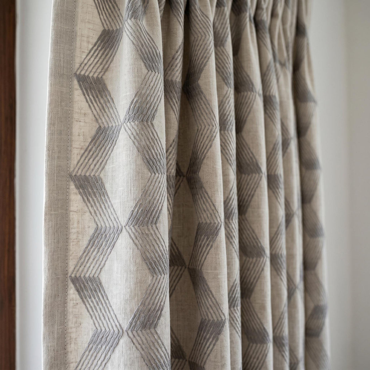 Light Taupe Linen Embroidered Curtains, Grey Geometric Cube Drapes, Heavy Linen Panels, Cotton Lined or Blackout — image 4