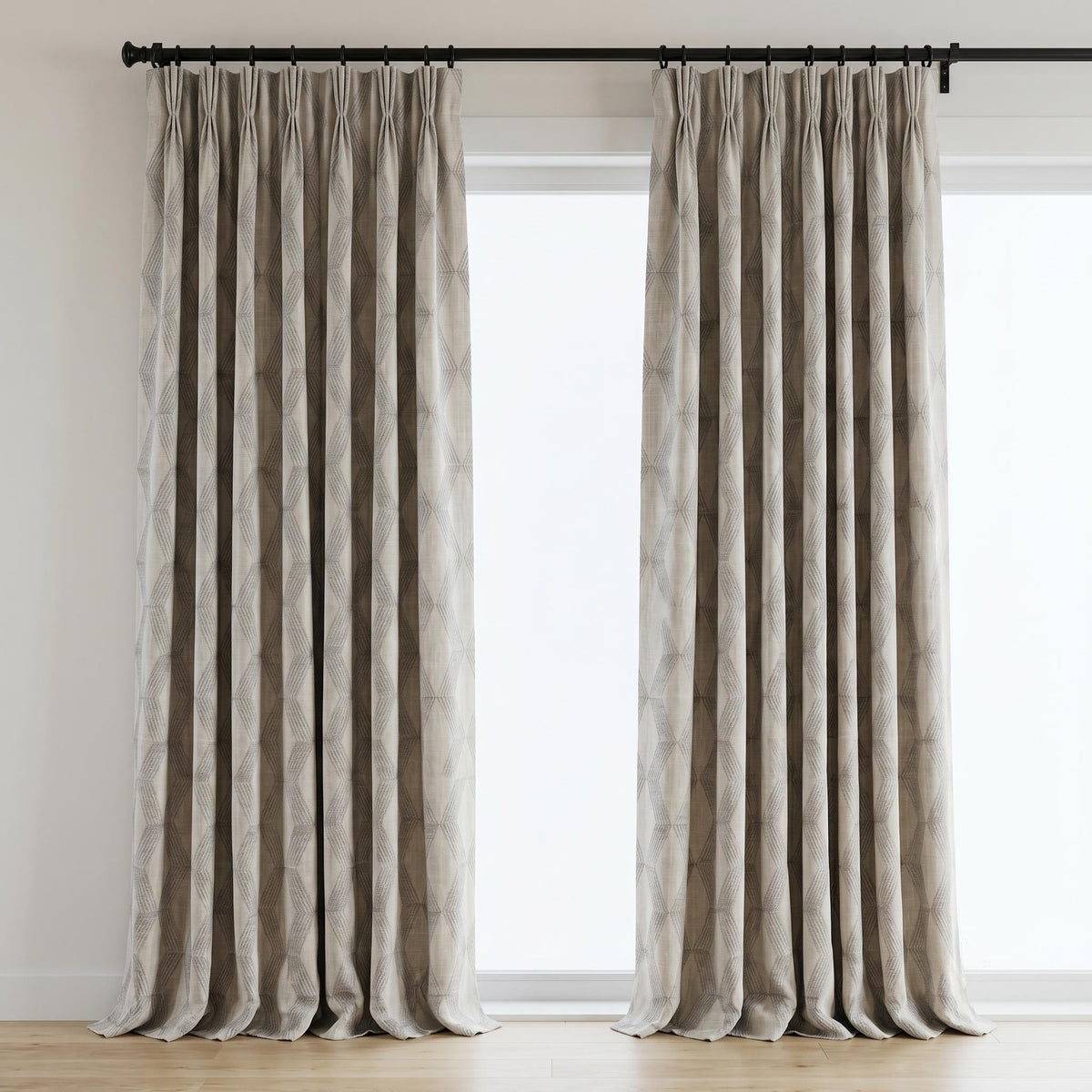 Light Taupe Linen Embroidered Curtains, Grey Geometric Cube Drapes, Heavy Linen Panels, Cotton Lined or Blackout — image 5