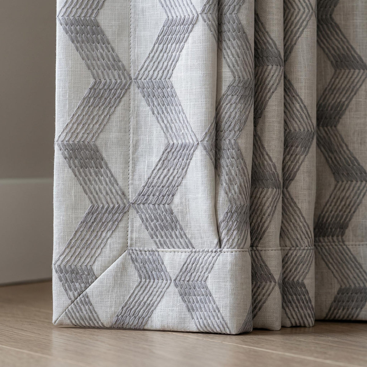 Light Taupe Linen Embroidered Curtains, Grey Geometric Cube Drapes, Heavy Linen Panels, Cotton Lined or Blackout — image 7