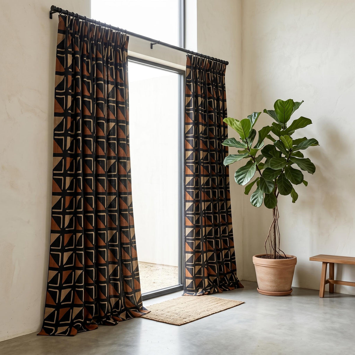Black Terracotta Tribal Linen Curtains, Boho Geometric Drapes, Heavy Abstract Linen Curtain Panels, Blackout Custom Curtains — image 6