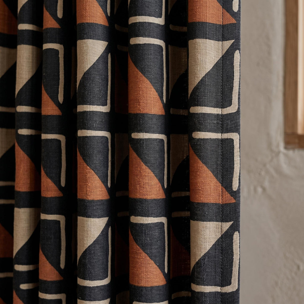 Black Terracotta Tribal Linen Curtains, Boho Geometric Drapes, Heavy Abstract Linen Curtain Panels, Blackout Custom Curtains — image 1