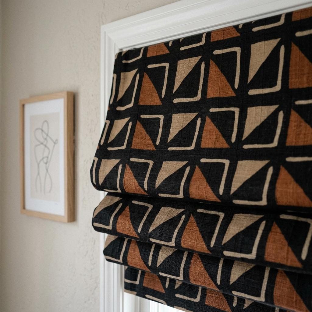 Black Terracotta Tribal Linen Roman Shade, Custom Corded Roman Blind, Geometric Window Shade, Blackout or Cotton Lined — image 2
