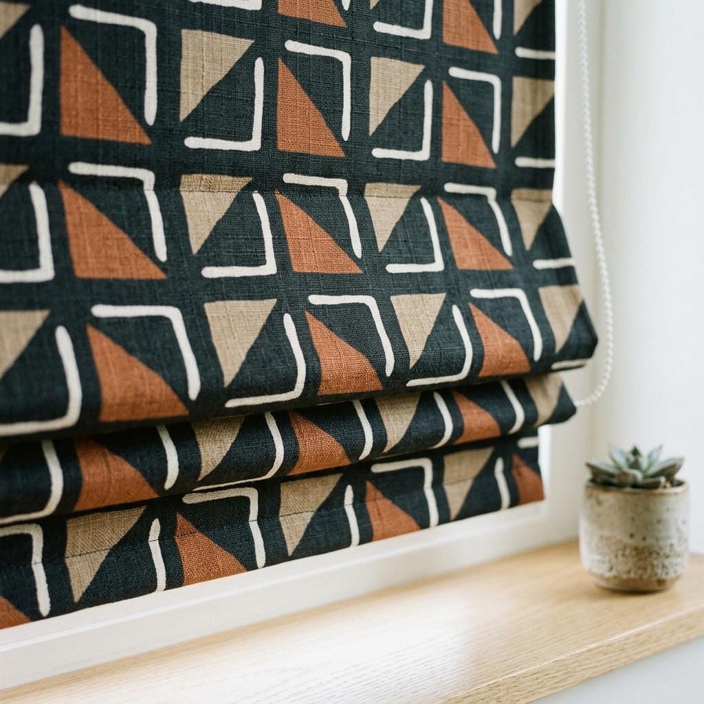 Black Terracotta Tribal Linen Roman Shade, Custom Corded Roman Blind, Geometric Window Shade, Blackout or Cotton Lined — image 1