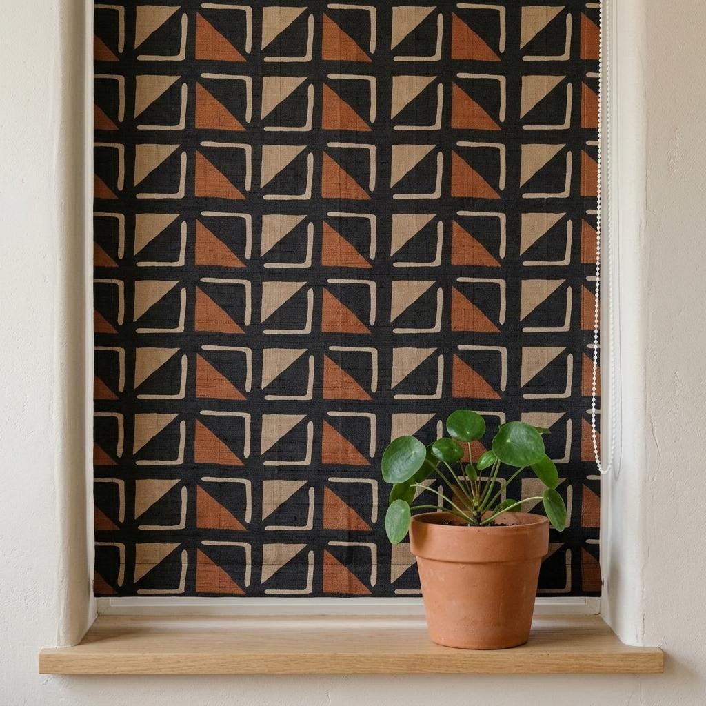 Black Terracotta Tribal Linen Roman Shade, Custom Corded Roman Blind, Geometric Window Shade, Blackout or Cotton Lined — image 4
