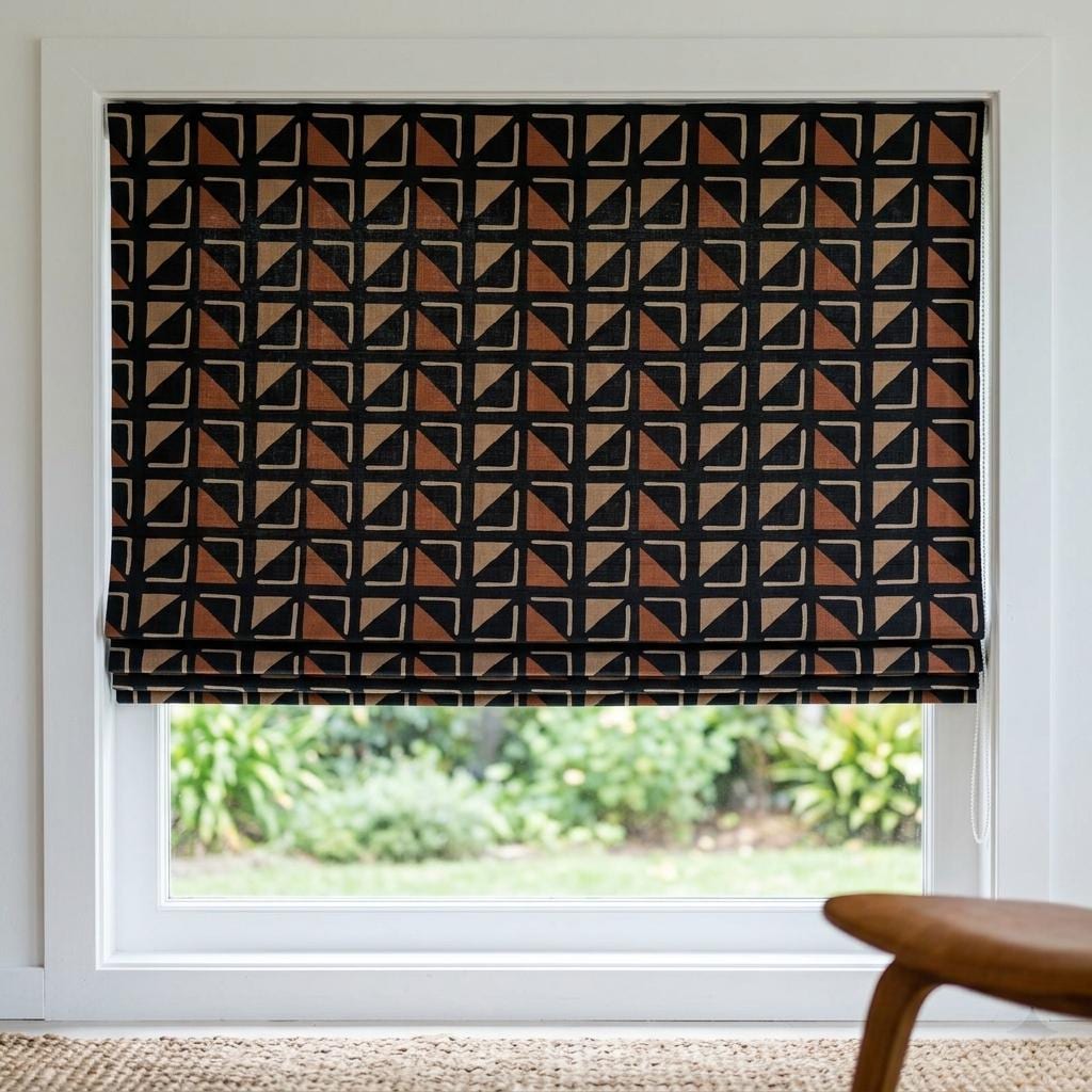 Black Terracotta Tribal Linen Roman Shade, Custom Corded Roman Blind, Geometric Window Shade, Blackout or Cotton Lined — image 5