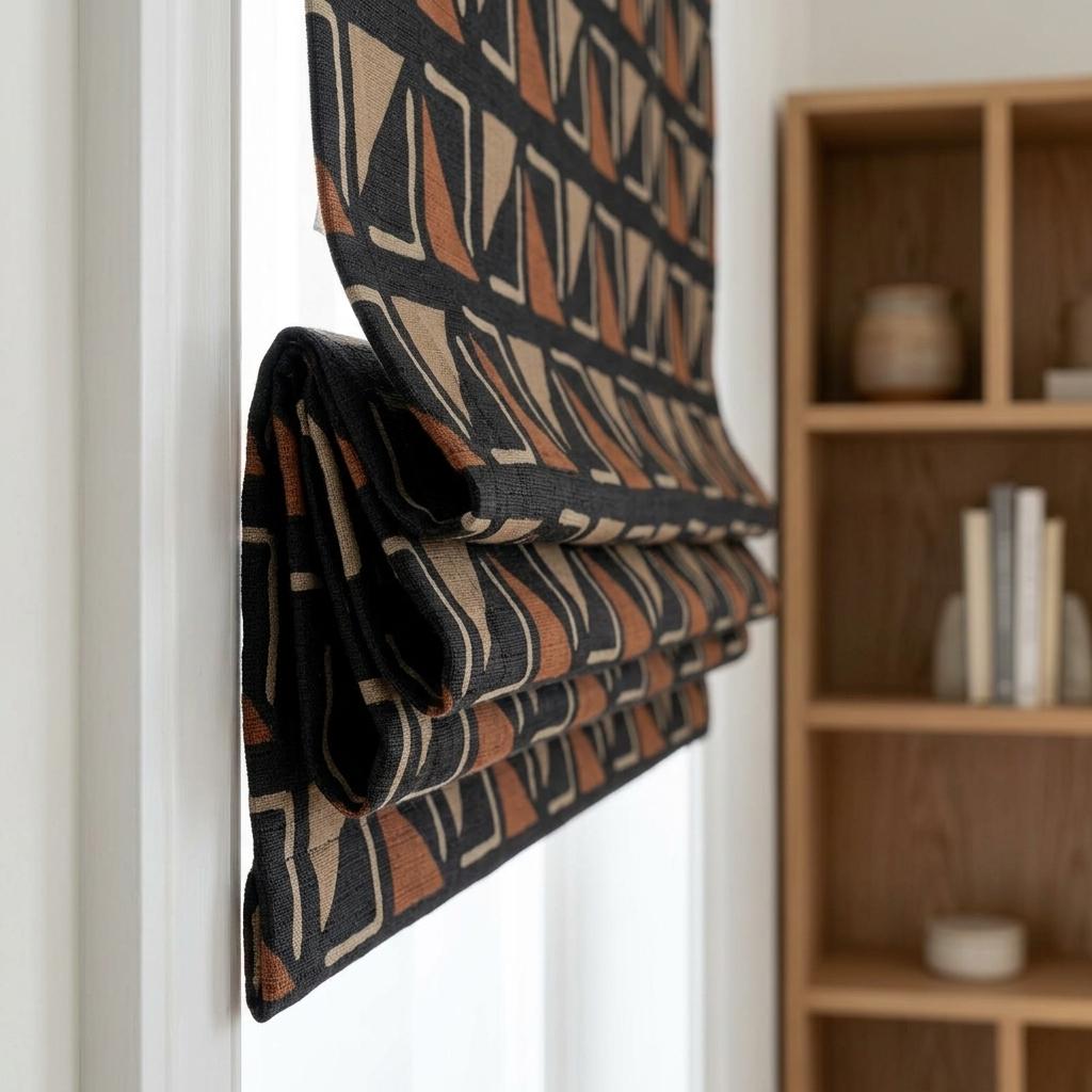 Black Terracotta Tribal Linen Roman Shade, Custom Corded Roman Blind, Geometric Window Shade, Blackout or Cotton Lined — image 3