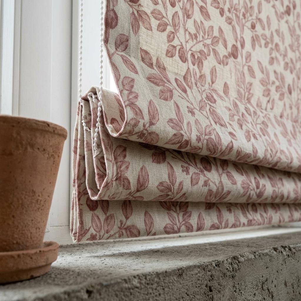 Dusty Rose Botanical Linen Roman Shade, Custom Corded Roman Blind, Floral Vine Window Shade, Blackout or Lined — image 4