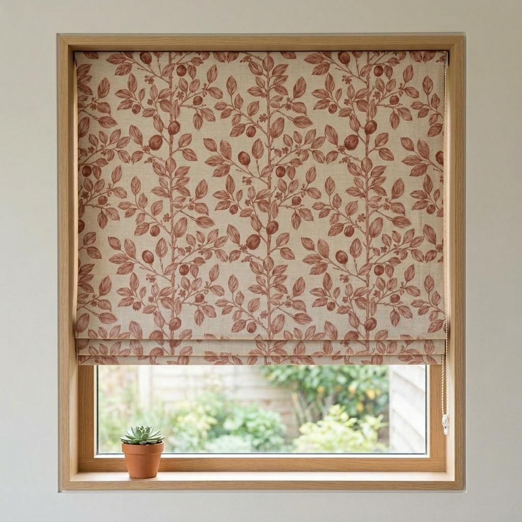 Dusty Rose Botanical Linen Roman Shade, Custom Corded Roman Blind, Floral Vine Window Shade, Blackout or Lined — image 3