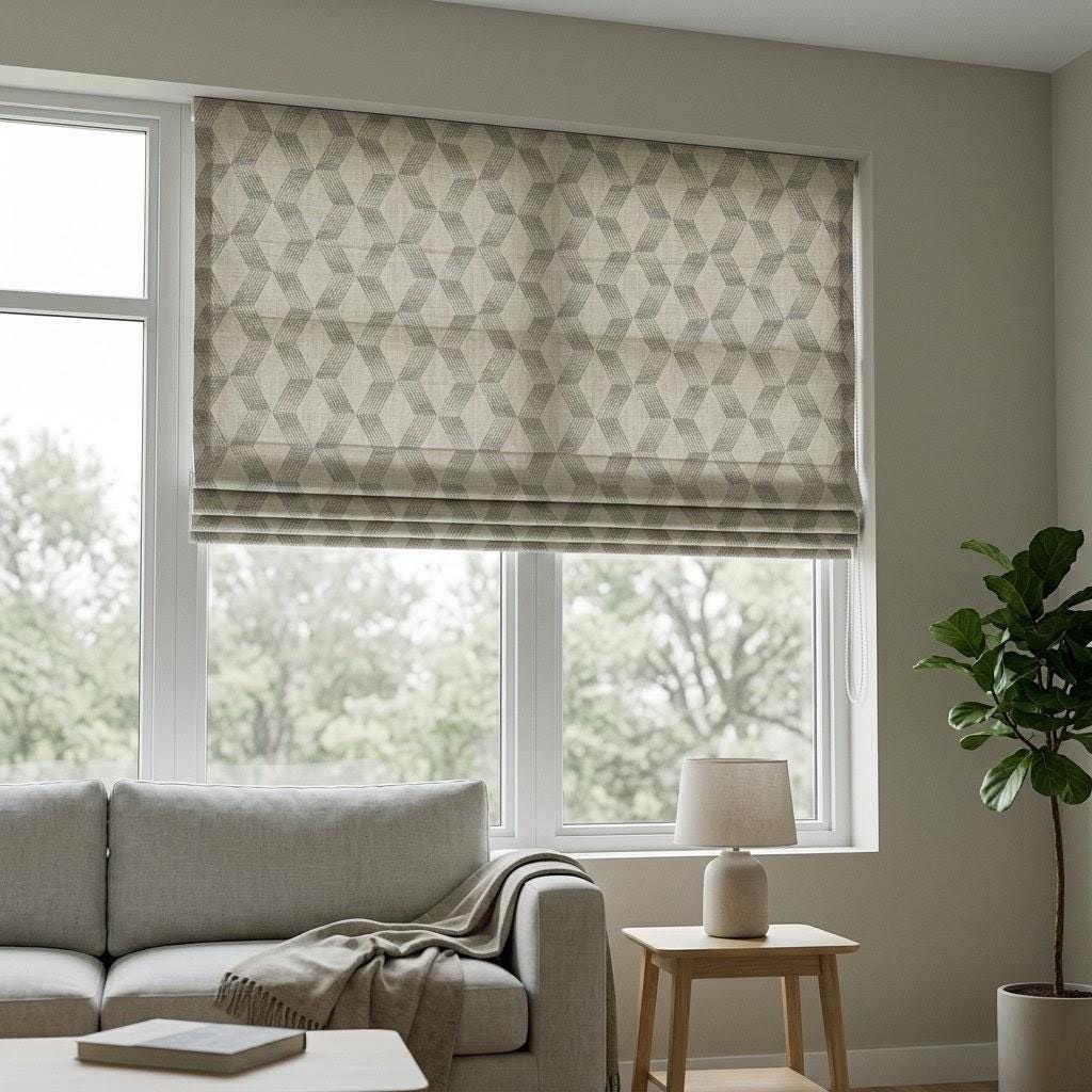 Natural Taupe Linen Roman Shade, Light Grey Geometric Embroidered Corded Custom Blind, Blackout or Cotton Lined — image 1