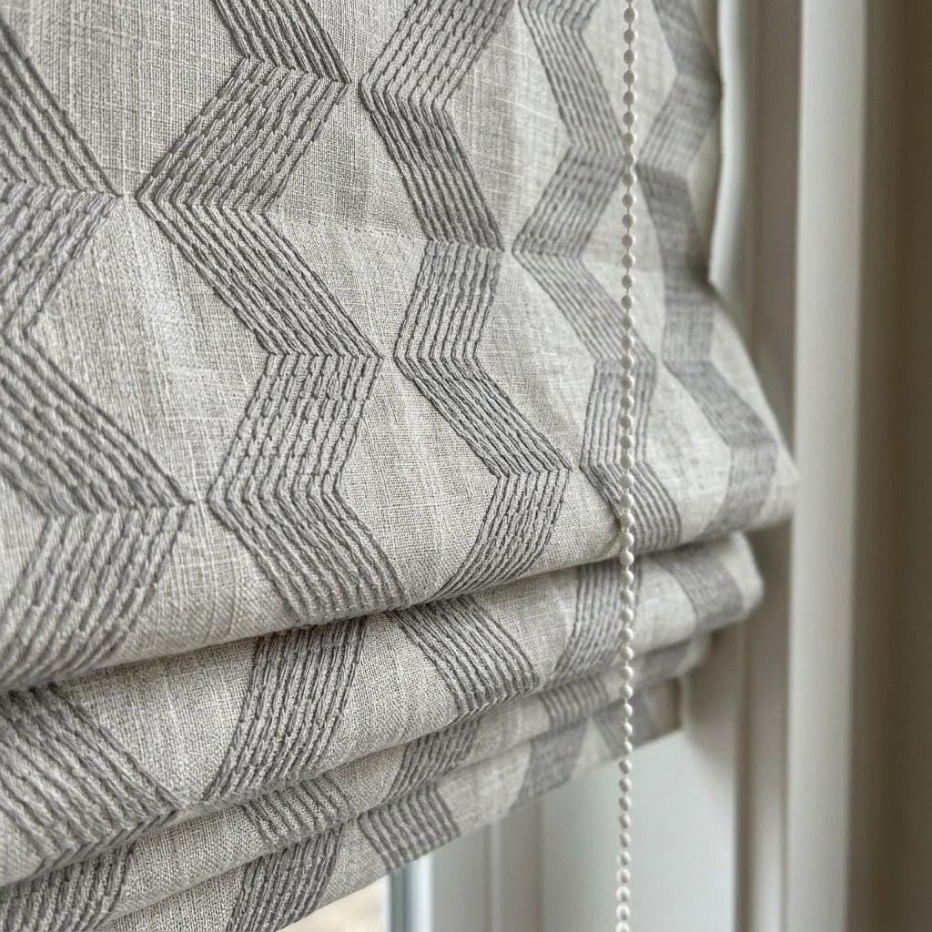 Natural Taupe Linen Roman Shade, Light Grey Geometric Embroidered Corded Custom Blind, Blackout or Cotton Lined — image 1