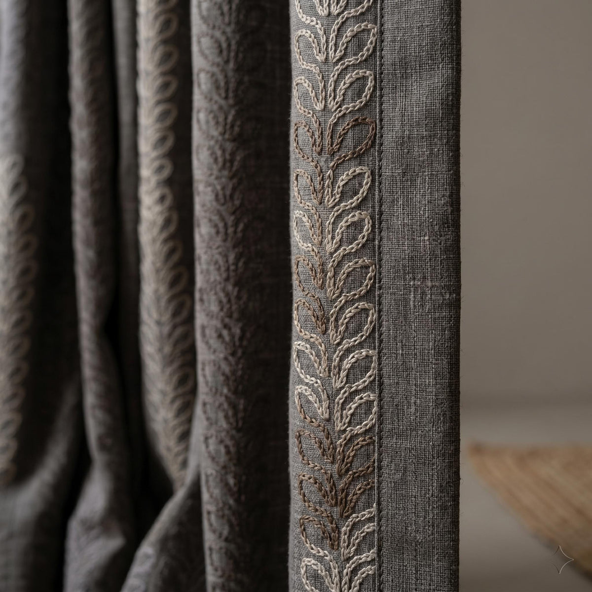 Dark Grey Linen Embroidered Curtains, Neutral Leaf Stripe Drapes, Heavy Custom Blackout Cafe Curtain Panels — image 9