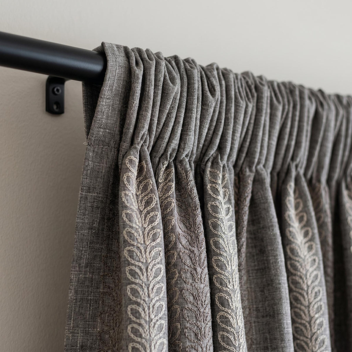 Dark Grey Linen Embroidered Curtains, Neutral Leaf Stripe Drapes, Heavy Custom Blackout Cafe Curtain Panels — image 7