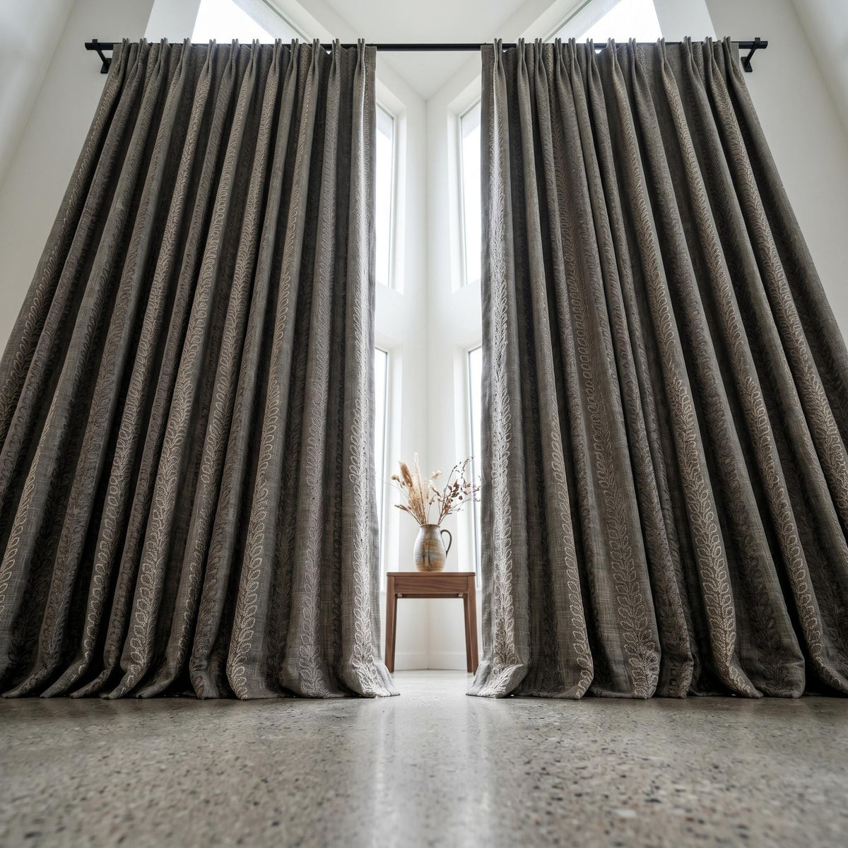 Dark Grey Linen Embroidered Curtains, Neutral Leaf Stripe Drapes, Heavy Custom Blackout Cafe Curtain Panels — image 4