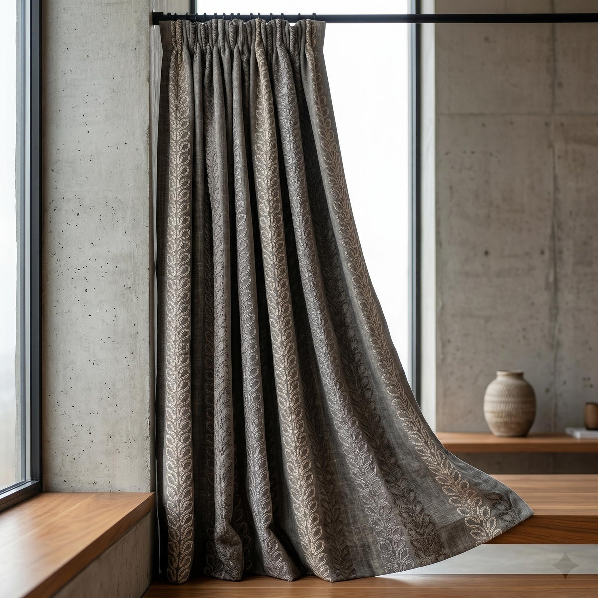 Dark Grey Linen Embroidered Curtains, Neutral Leaf Stripe Drapes, Heavy Custom Blackout Cafe Curtain Panels — image 6