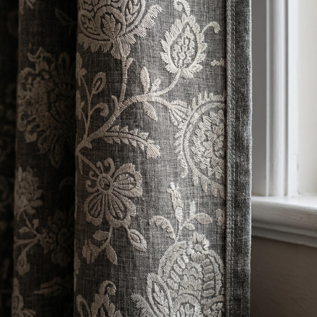 Dark Grey Linen Embroidered Curtains, Dusty Grey Floral Paisley Drapes, Heavy Custom Blackout Cafe Curtain Panels — image 1