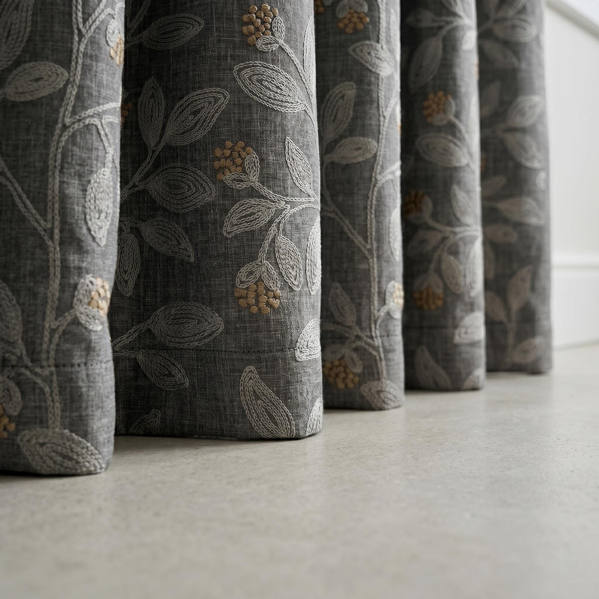 Dark Grey Linen Embroidered Curtains, Dusty Grey Botanical Drapes, Heavy Custom Blackout Cafe Curtain Panels — image 3