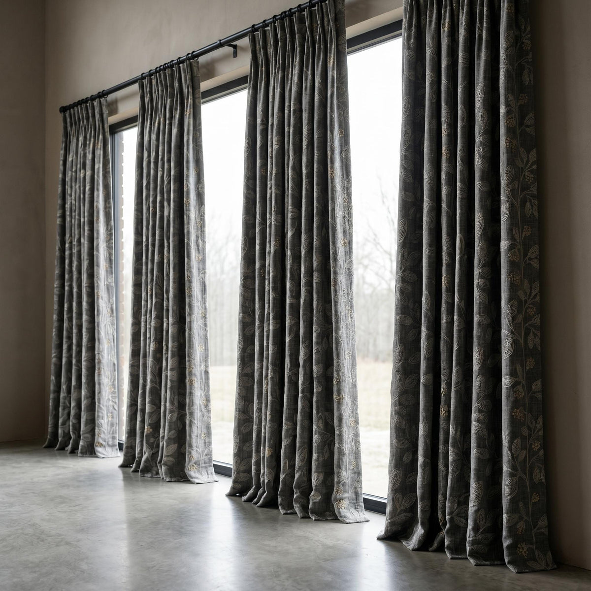 Dark Grey Linen Embroidered Curtains, Dusty Grey Botanical Drapes, Heavy Custom Blackout Cafe Curtain Panels — image 7