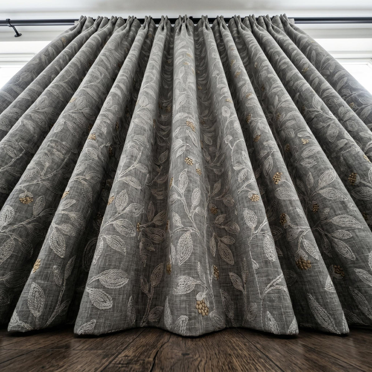 Dark Grey Linen Embroidered Curtains, Dusty Grey Botanical Drapes, Heavy Custom Blackout Cafe Curtain Panels — image 8