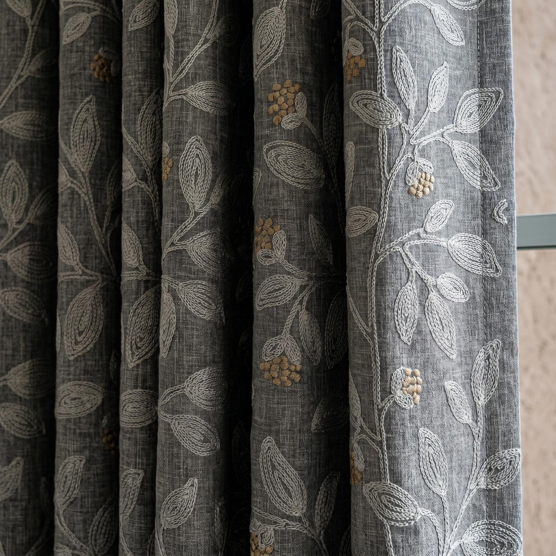 Dark Grey Linen Embroidered Curtains, Dusty Grey Botanical Drapes, Heavy Custom Blackout Cafe Curtain Panels — image 1