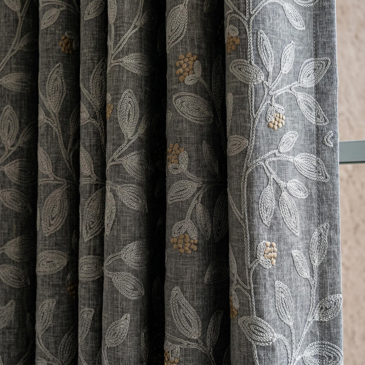 Dark Grey Linen Embroidered Curtains, Dusty Grey Botanical Drapes, Heavy Custom Blackout Cafe Curtain Panels — image 1