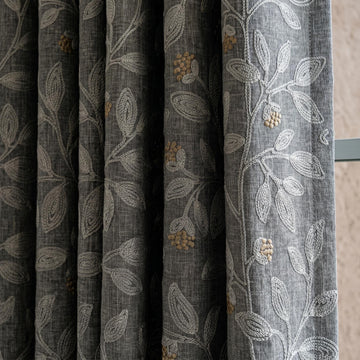 Dark Grey Linen Embroidered Curtains, Dusty Grey Botanical Drapes, Heavy Custom Blackout Cafe Curtain Panels — image 1