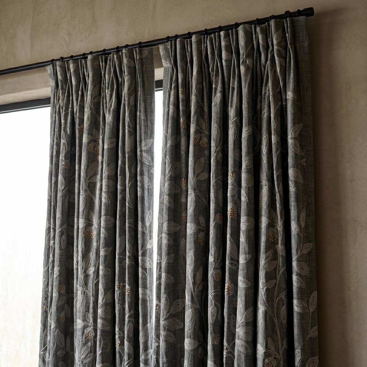 Dark Grey Linen Embroidered Curtains, Dusty Grey Botanical Drapes, Heavy Custom Blackout Cafe Curtain Panels — image 5