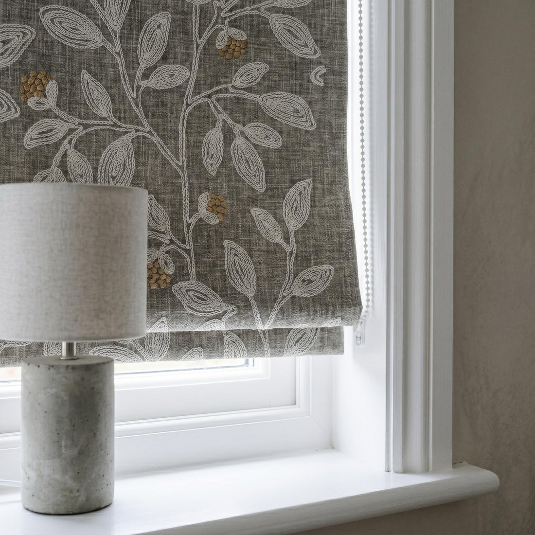 Dark Grey Embroidered Linen Roman Shade, Custom Corded Roman Blind, Gold Floral Window Shade, Blackout or Cotton Lined — image 1