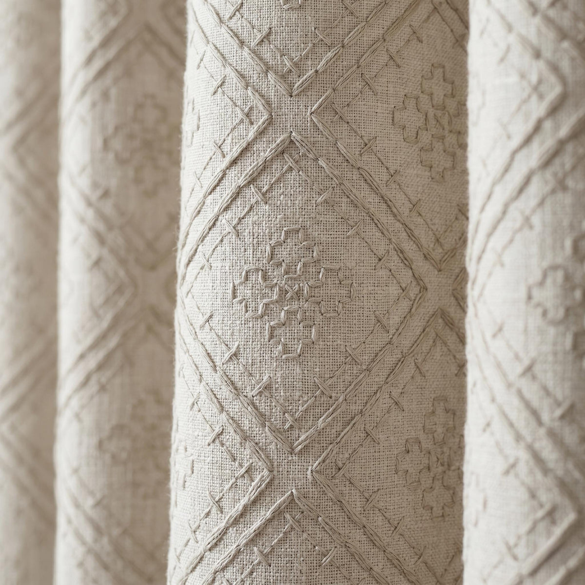 Light Taupe Linen Embroidered Curtains, Diamond Geometric Drapes, Heavy Linen Panels, Cotton Lined or Blackout — image 1