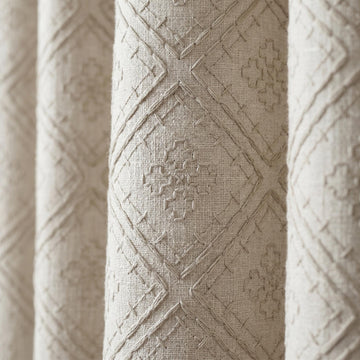 Light Taupe Linen Embroidered Curtains, Diamond Geometric Drapes, Heavy Linen Panels, Cotton Lined or Blackout — image 1