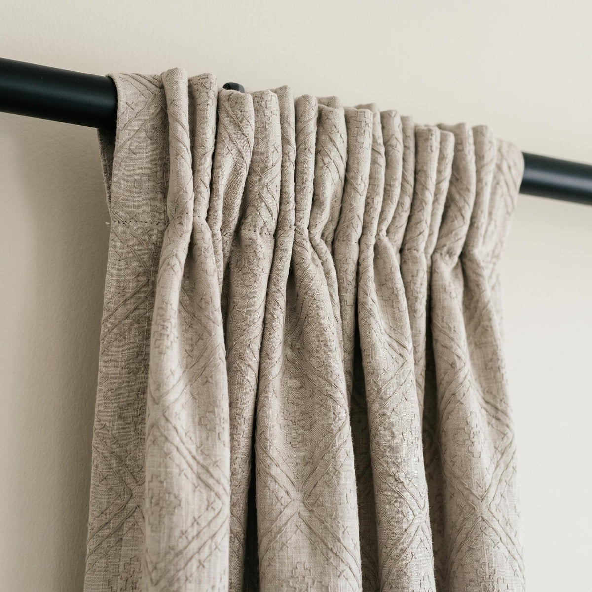 Light Taupe Linen Embroidered Curtains, Diamond Geometric Drapes, Heavy Linen Panels, Cotton Lined or Blackout — image 10