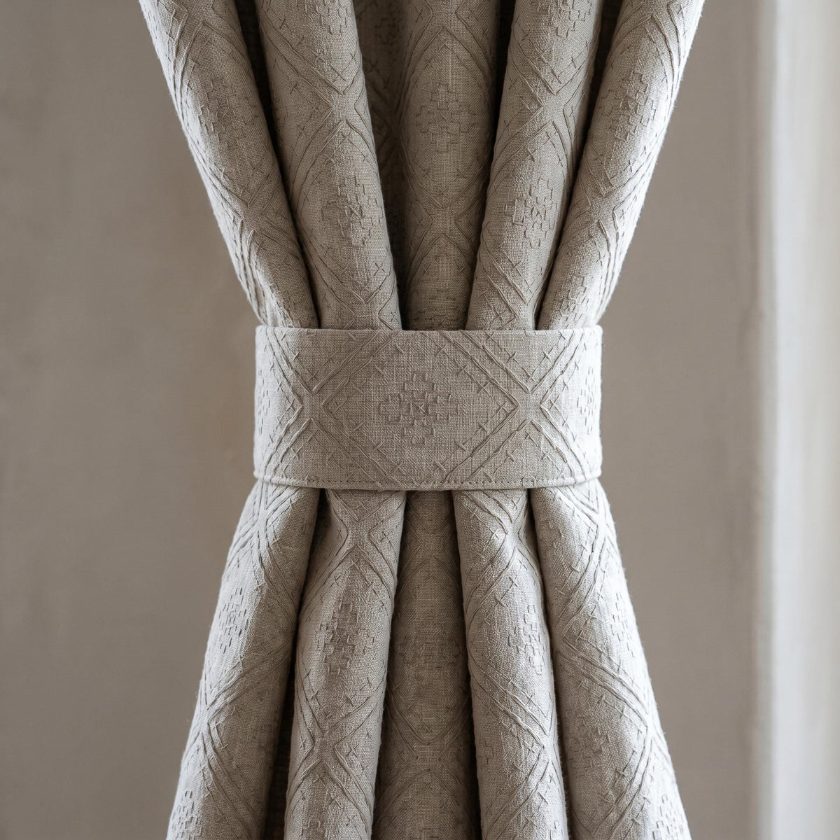 Light Taupe Linen Embroidered Curtains, Diamond Geometric Drapes, Heavy Linen Panels, Cotton Lined or Blackout — image 3