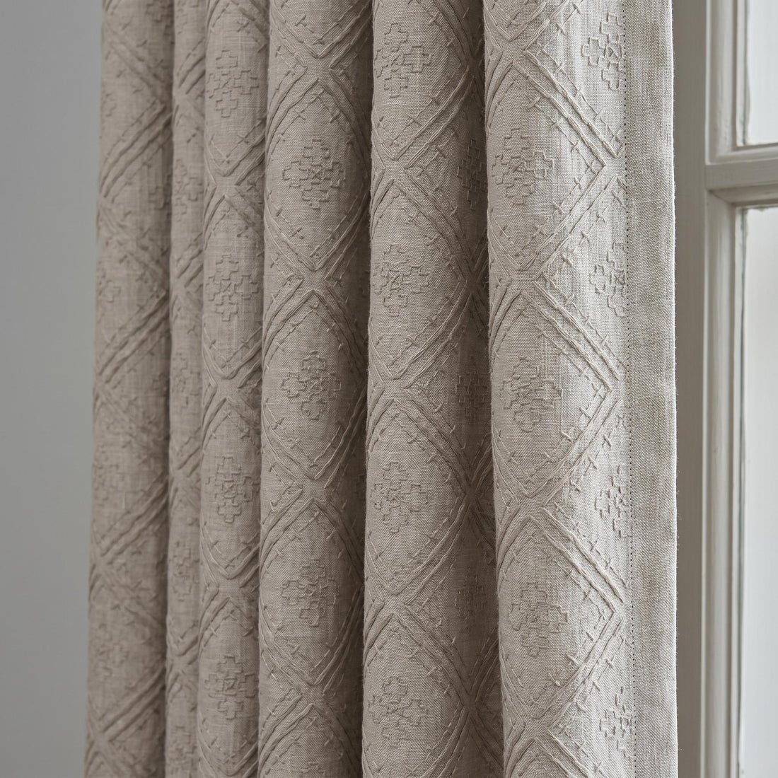 Light Taupe Linen Embroidered Curtains, Diamond Geometric Drapes, Heavy Linen Panels, Cotton Lined or Blackout — image 1
