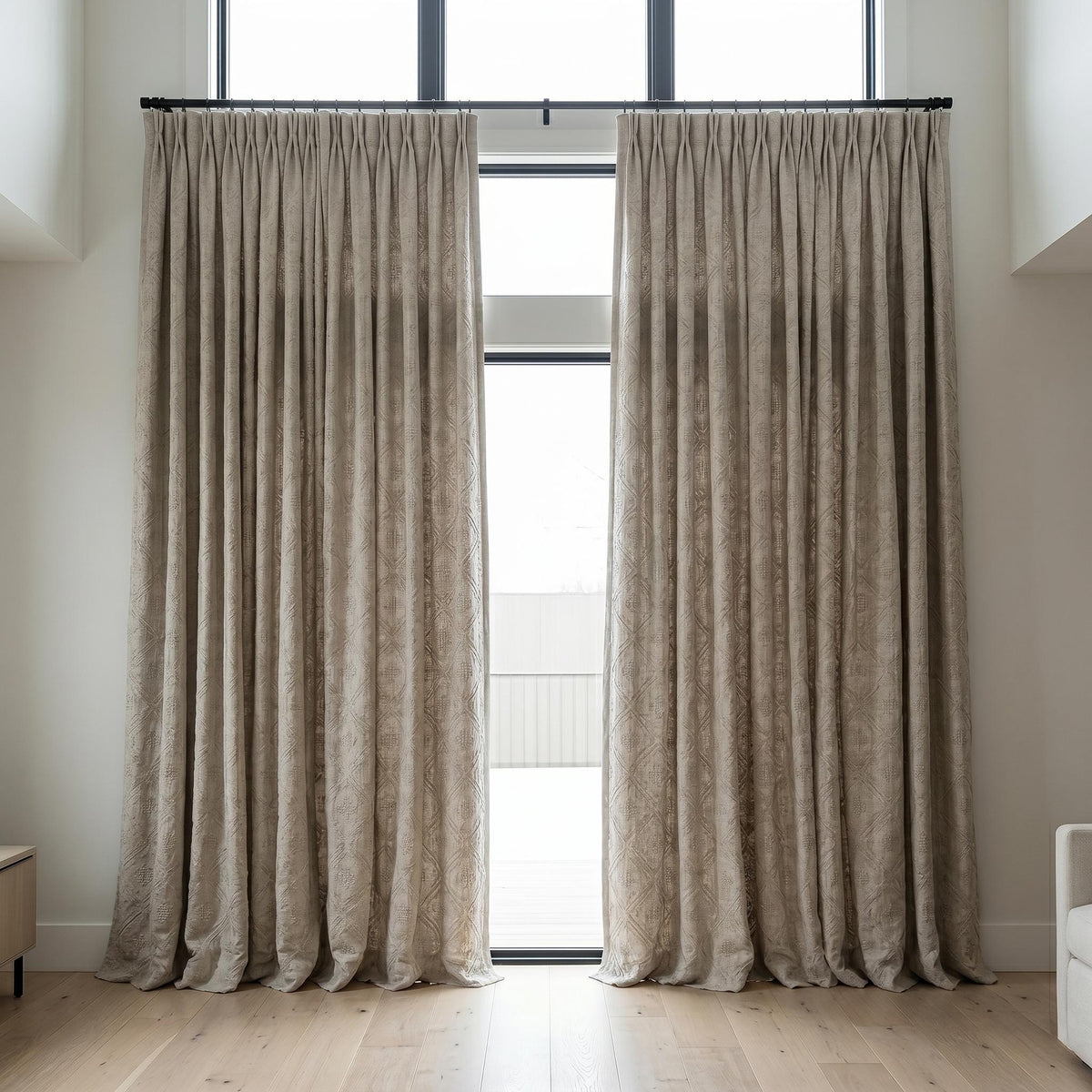 Light Taupe Linen Embroidered Curtains, Diamond Geometric Drapes, Heavy Linen Panels, Cotton Lined or Blackout — image 6