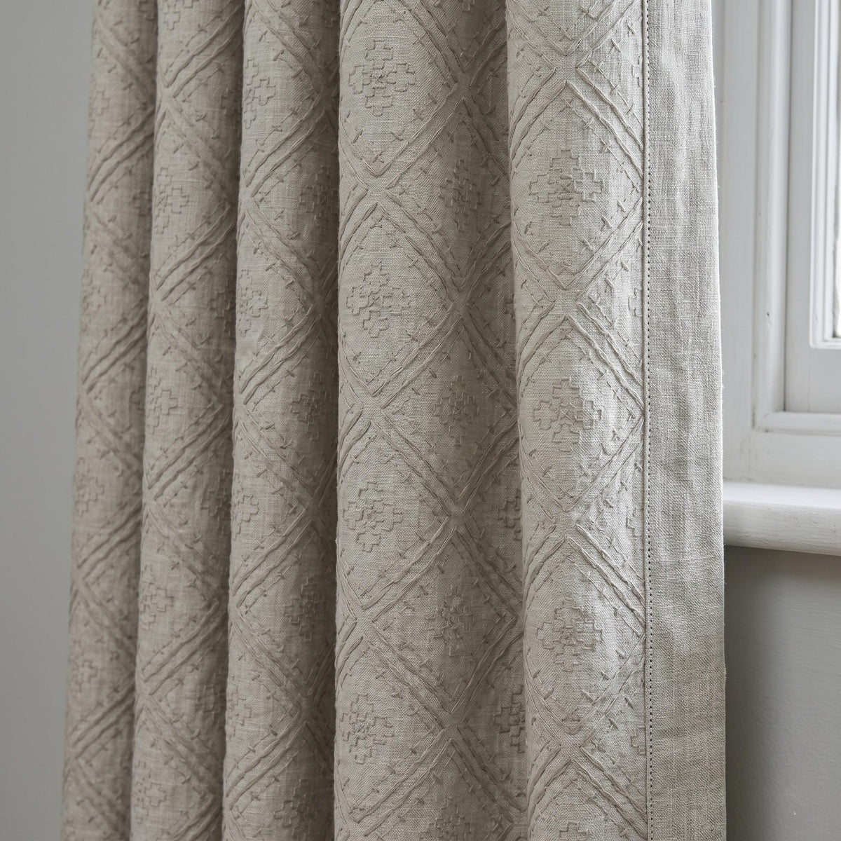 Light Taupe Linen Embroidered Curtains, Diamond Geometric Drapes, Heavy Linen Panels, Cotton Lined or Blackout — image 7