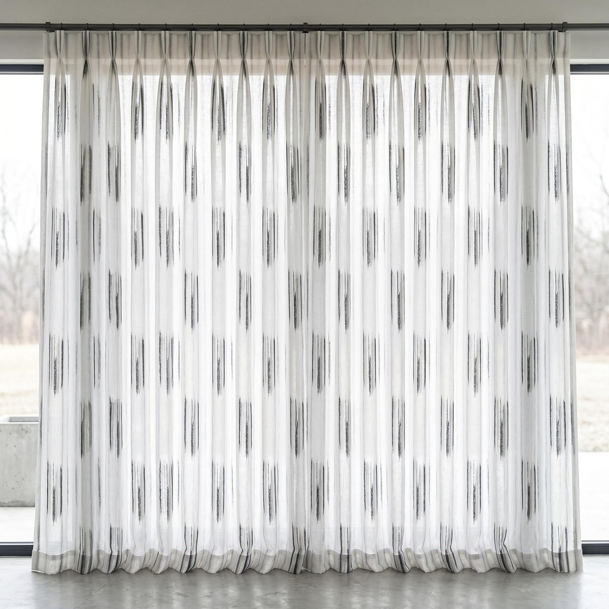 Pure White Linen Sheer Curtains, Charcoal Grey Abstract Stripe Embroidered Drapes, Custom Privacy Panels — image 4