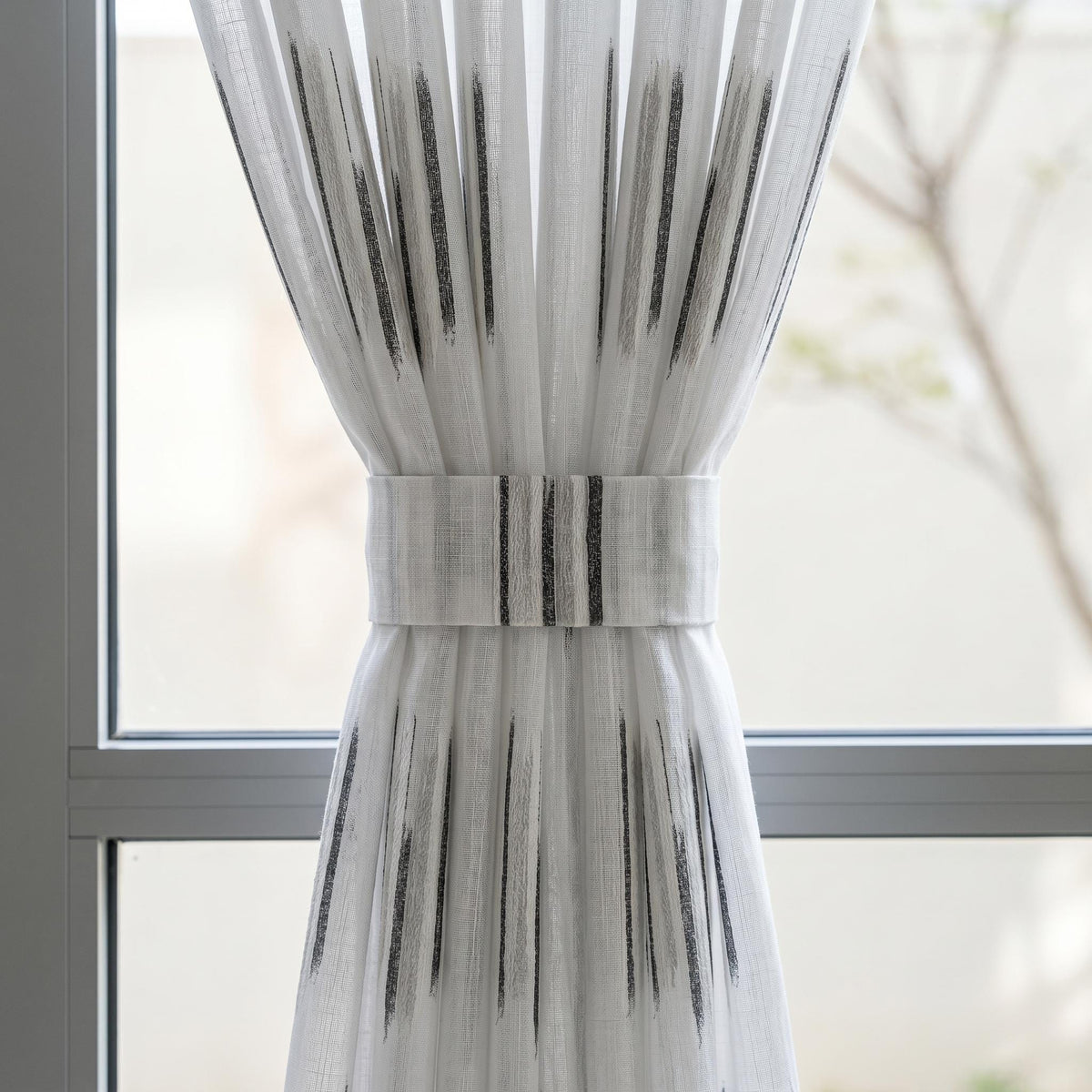 Pure White Linen Sheer Curtains, Charcoal Grey Abstract Stripe Embroidered Drapes, Custom Privacy Panels — image 1