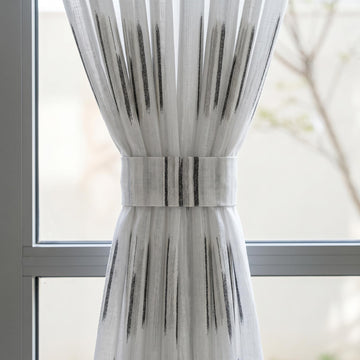 Pure White Linen Sheer Curtains, Charcoal Grey Abstract Stripe Embroidered Drapes, Custom Privacy Panels — image 1
