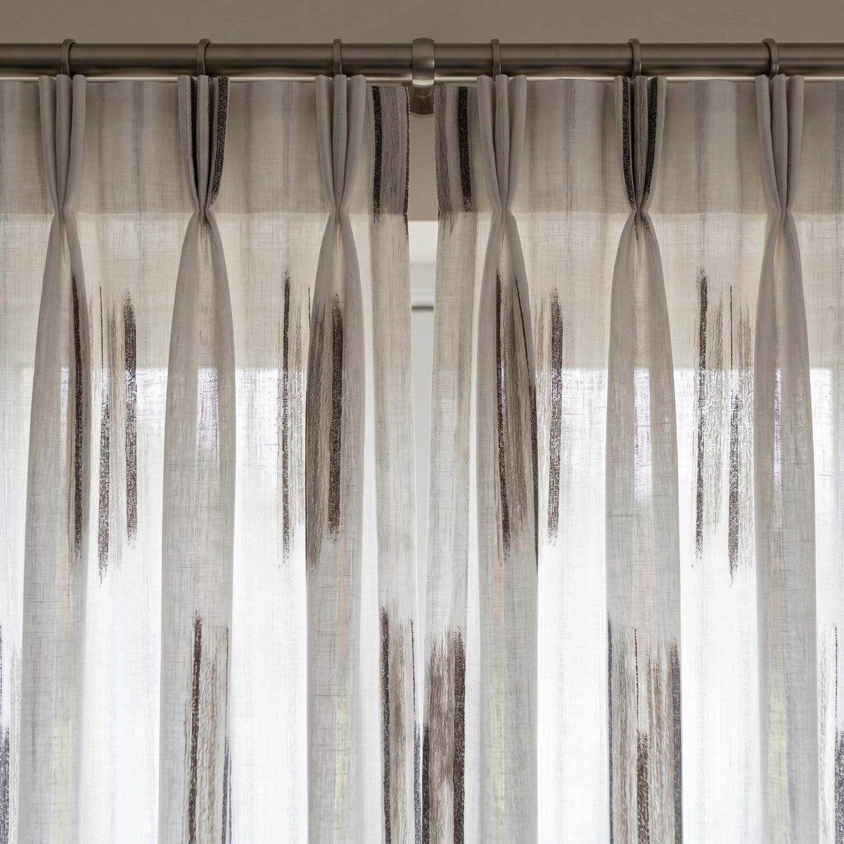 Pure White Linen Sheer Curtains, Charcoal Grey Abstract Stripe Embroidered Drapes, Custom Privacy Panels — image 9