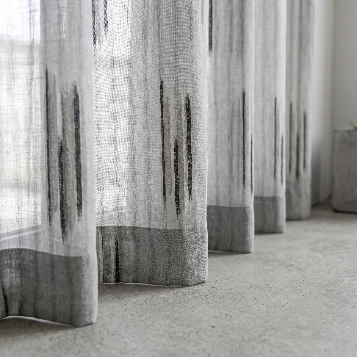 Pure White Linen Sheer Curtains, Charcoal Grey Abstract Stripe Embroidered Drapes, Custom Privacy Panels — image 5