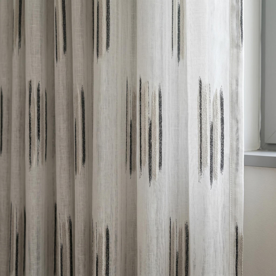 Pure White Linen Sheer Curtains, Charcoal Grey Abstract Stripe Embroidered Drapes, Custom Privacy Panels — image 1